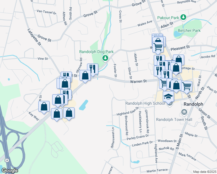 map of restaurants, bars, coffee shops, grocery stores, and more near 218 Warren Street in Randolph