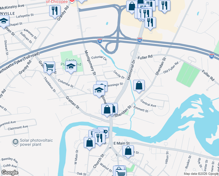 map of restaurants, bars, coffee shops, grocery stores, and more near 44 Jennings Street in Chicopee