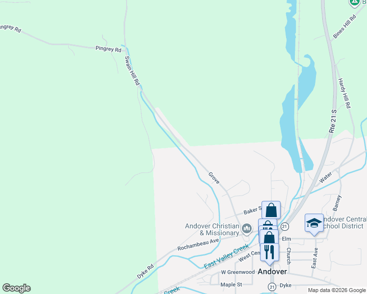 map of restaurants, bars, coffee shops, grocery stores, and more near 3844 Swain Hill Road in Andover