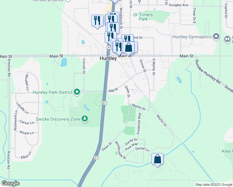 map of restaurants, bars, coffee shops, grocery stores, and more near 11805 Mill Street in Huntley