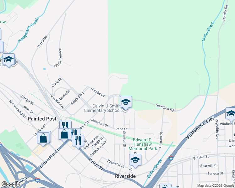 map of restaurants, bars, coffee shops, grocery stores, and more near 10237-41 Oakwood Drive in Painted Post