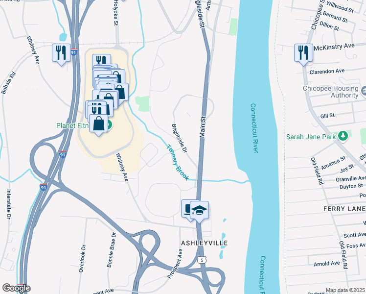 map of restaurants, bars, coffee shops, grocery stores, and more near 98 Gamelin Street in Holyoke
