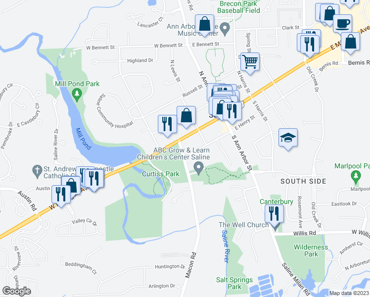 map of restaurants, bars, coffee shops, grocery stores, and more near 105 Monroe Street in Saline