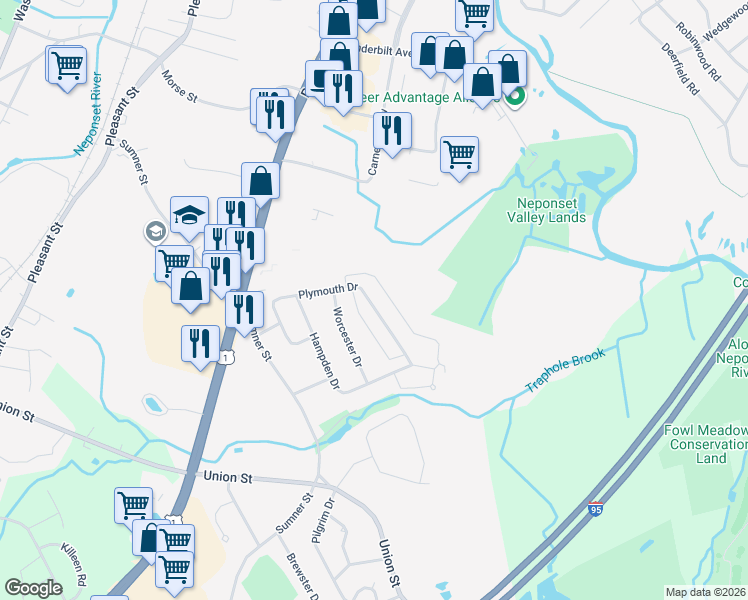map of restaurants, bars, coffee shops, grocery stores, and more near 74 Plymouth Drive in Norwood