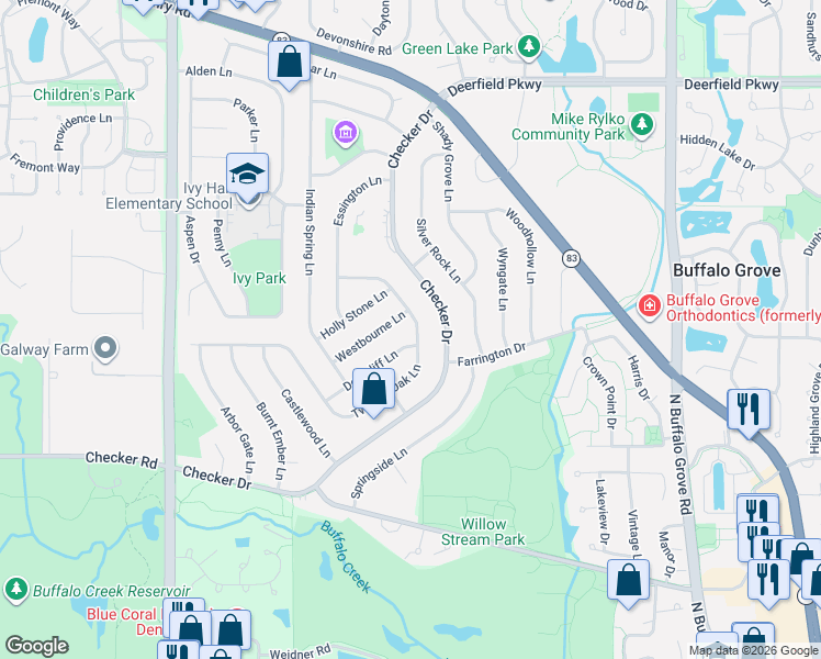 map of restaurants, bars, coffee shops, grocery stores, and more near 720 Twisted Oak Lane in Buffalo Grove