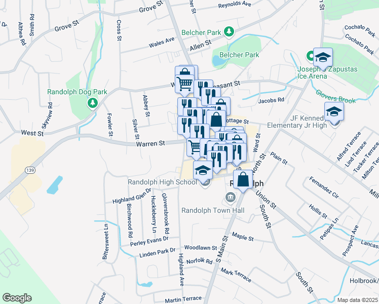 map of restaurants, bars, coffee shops, grocery stores, and more near 8 Highland Avenue in Randolph