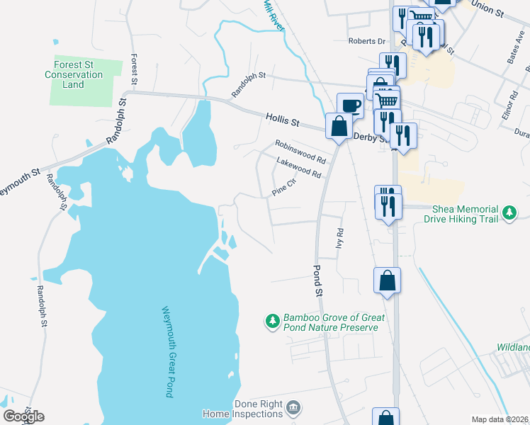map of restaurants, bars, coffee shops, grocery stores, and more near 70 Pine Circle in Weymouth