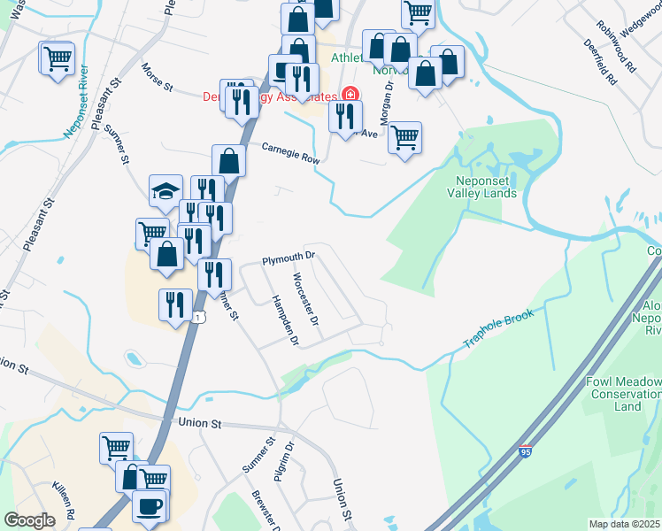 map of restaurants, bars, coffee shops, grocery stores, and more near 86 Plymouth Drive in Norwood