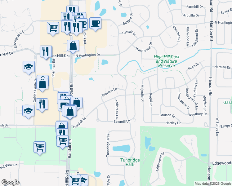 map of restaurants, bars, coffee shops, grocery stores, and more near 2251 Dawson Lane in Algonquin