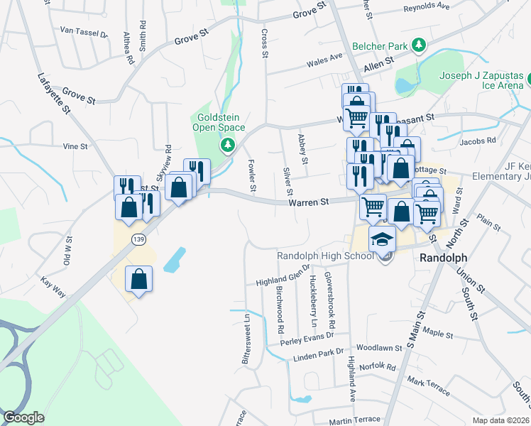 map of restaurants, bars, coffee shops, grocery stores, and more near 190 Warren Street in Randolph