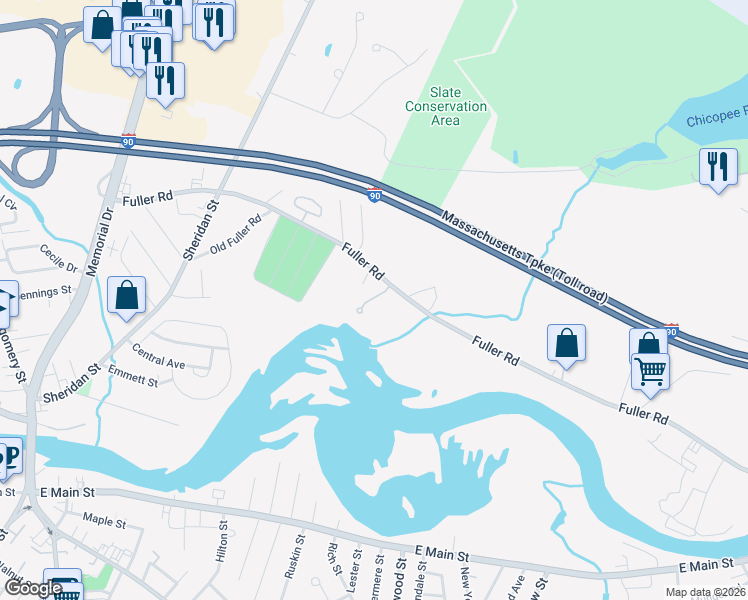 map of restaurants, bars, coffee shops, grocery stores, and more near 283 Fuller Road in Chicopee