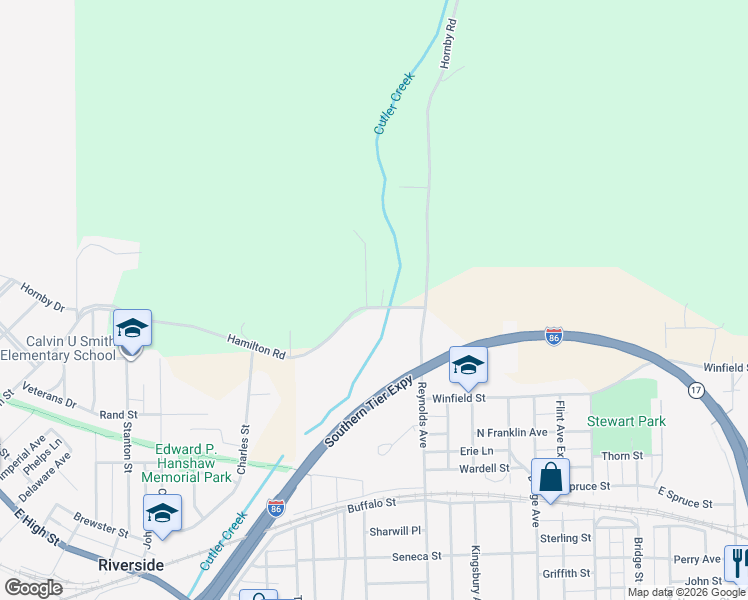 map of restaurants, bars, coffee shops, grocery stores, and more near 3396 Kimble Hill Road in Corning