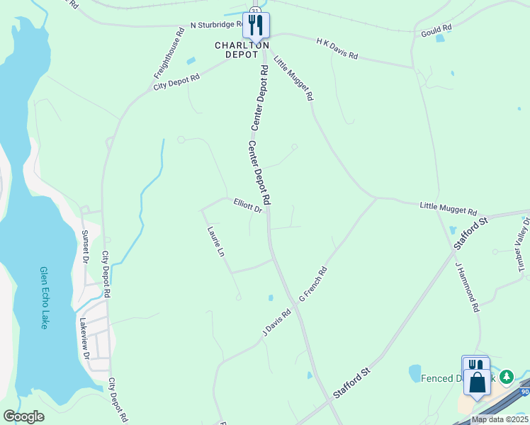 map of restaurants, bars, coffee shops, grocery stores, and more near 1 Elliott Drive in Charlton