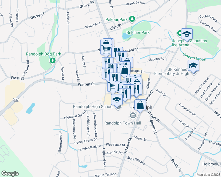 map of restaurants, bars, coffee shops, grocery stores, and more near 8 Highland Avenue in Randolph