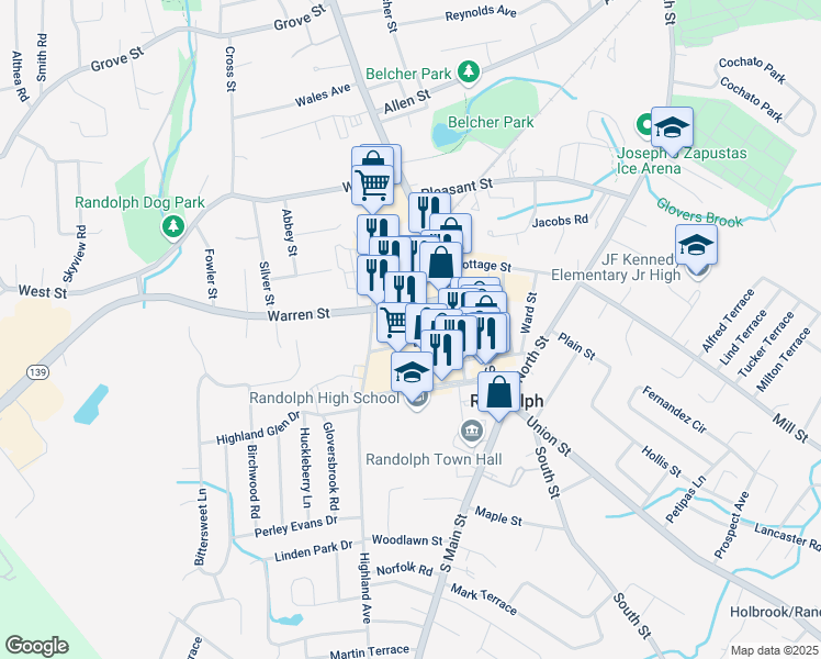map of restaurants, bars, coffee shops, grocery stores, and more near 26 Warren Street in Randolph