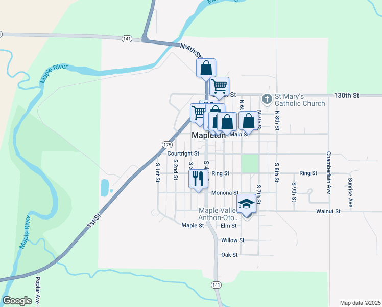 map of restaurants, bars, coffee shops, grocery stores, and more near 200 South 3rd Street in Mapleton