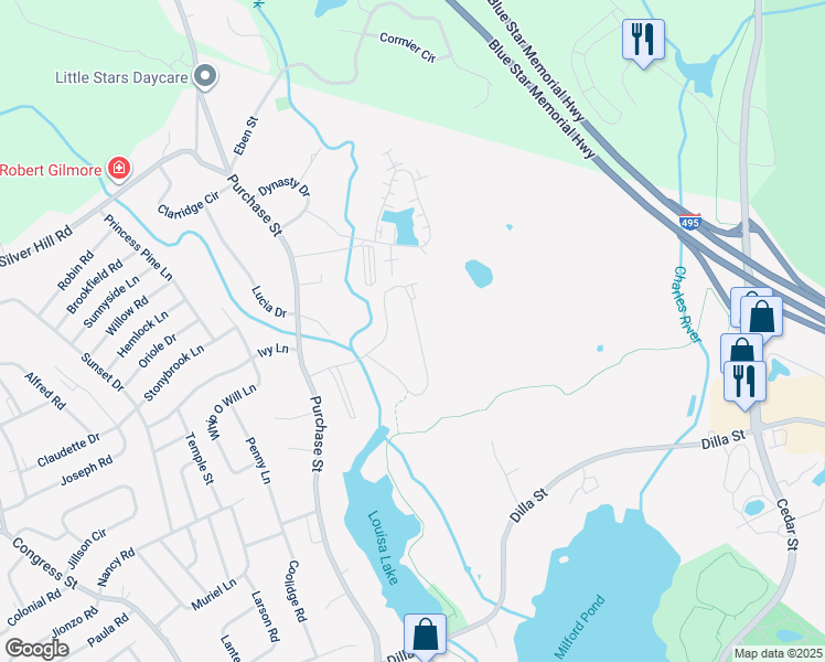 map of restaurants, bars, coffee shops, grocery stores, and more near 17 Shadowbrook Lane in Milford