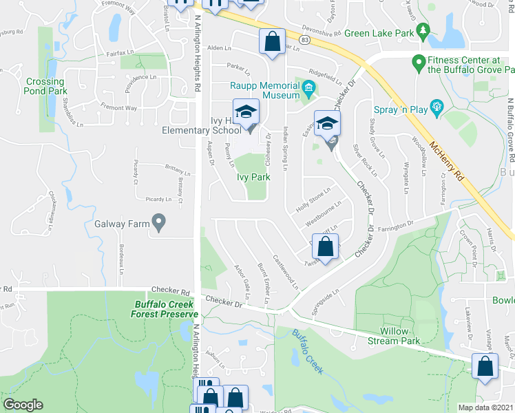 map of restaurants, bars, coffee shops, grocery stores, and more near 669 Aspen Drive in Buffalo Grove