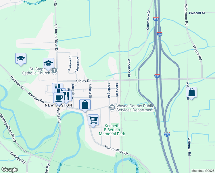 map of restaurants, bars, coffee shops, grocery stores, and more near 36710 Ellis Street in Huron Charter Township