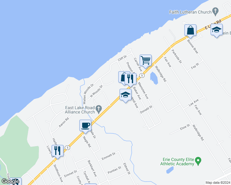 map of restaurants, bars, coffee shops, grocery stores, and more near 4664 East Lake Road in Erie