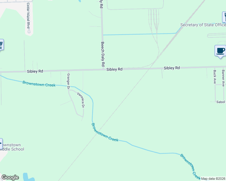 map of restaurants, bars, coffee shops, grocery stores, and more near 25679 Sibley Road in Brownstown Charter Township