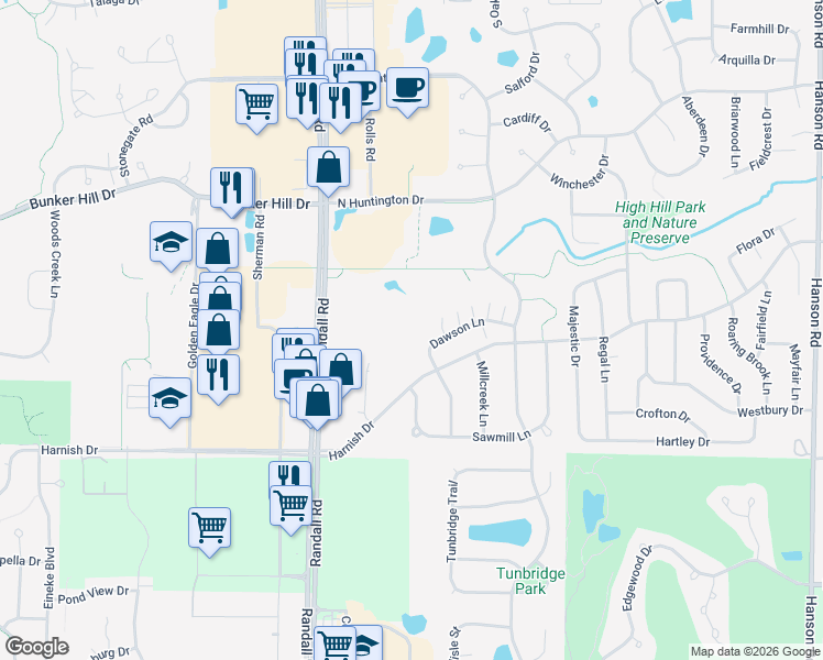 map of restaurants, bars, coffee shops, grocery stores, and more near 2356 Dawson Lane in Algonquin