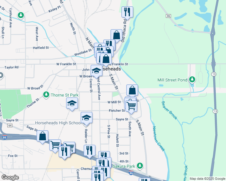 map of restaurants, bars, coffee shops, grocery stores, and more near 108 Steuben Street in Horseheads