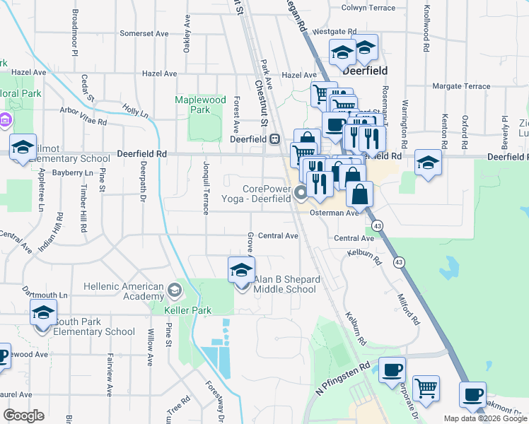 map of restaurants, bars, coffee shops, grocery stores, and more near Osterman Avenue in Deerfield