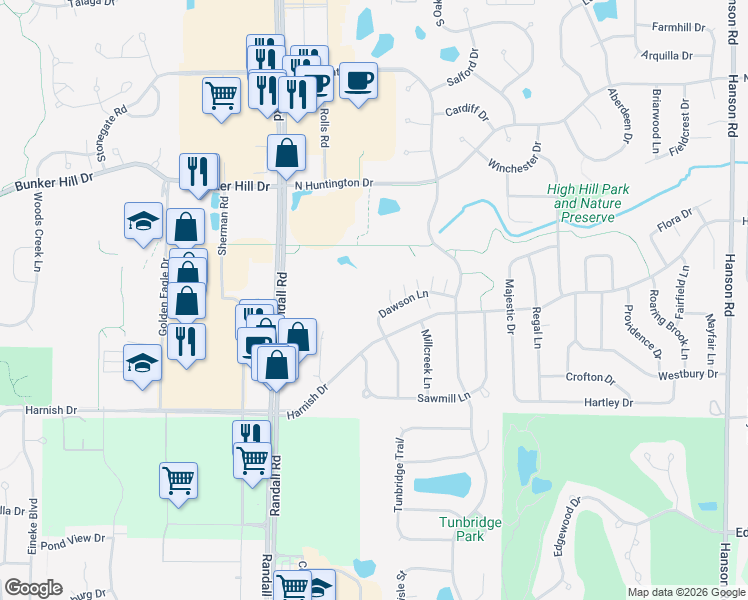 map of restaurants, bars, coffee shops, grocery stores, and more near 2356 Dawson Lane in Algonquin