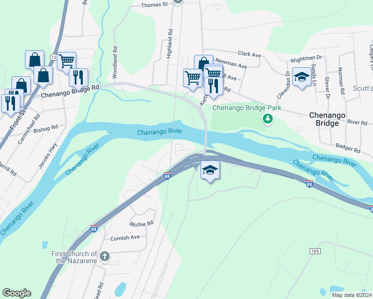 map of restaurants, bars, coffee shops, grocery stores, and more near 423 Niles Road in Binghamton