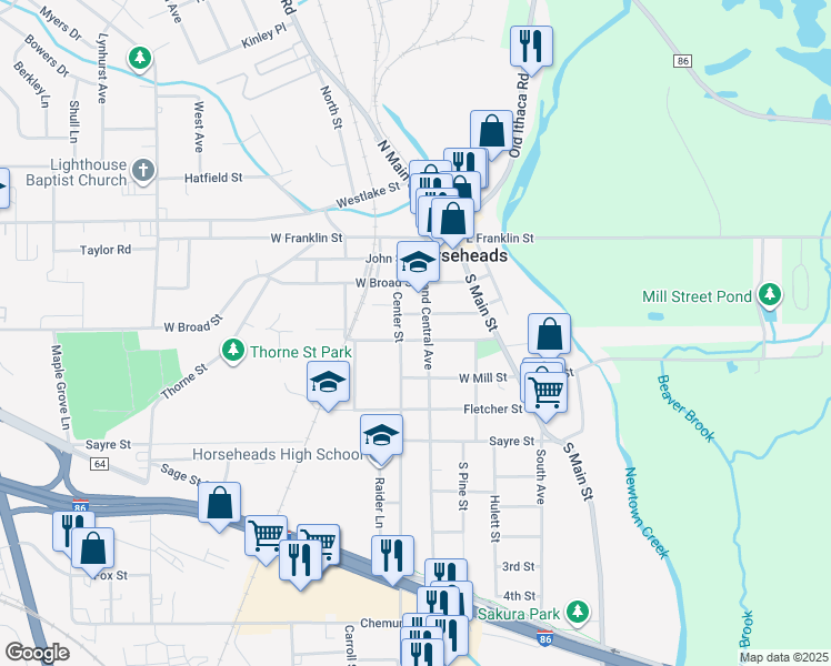 map of restaurants, bars, coffee shops, grocery stores, and more near 211 Orchard Street in Horseheads
