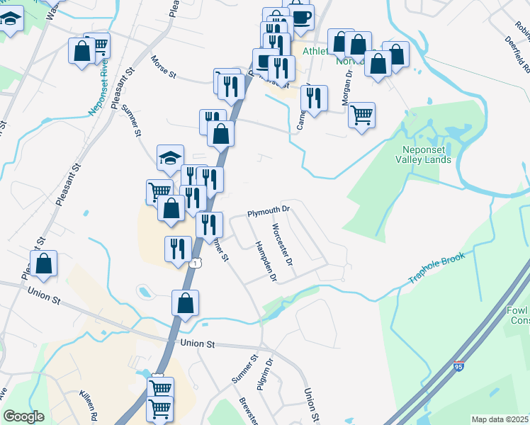 map of restaurants, bars, coffee shops, grocery stores, and more near 36 Plymouth Drive in Norwood