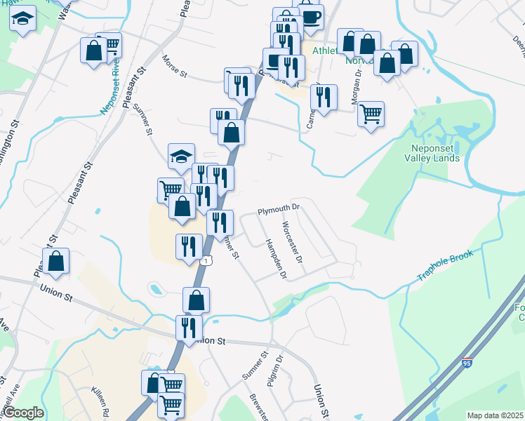 map of restaurants, bars, coffee shops, grocery stores, and more near 36 Plymouth Drive in Norwood