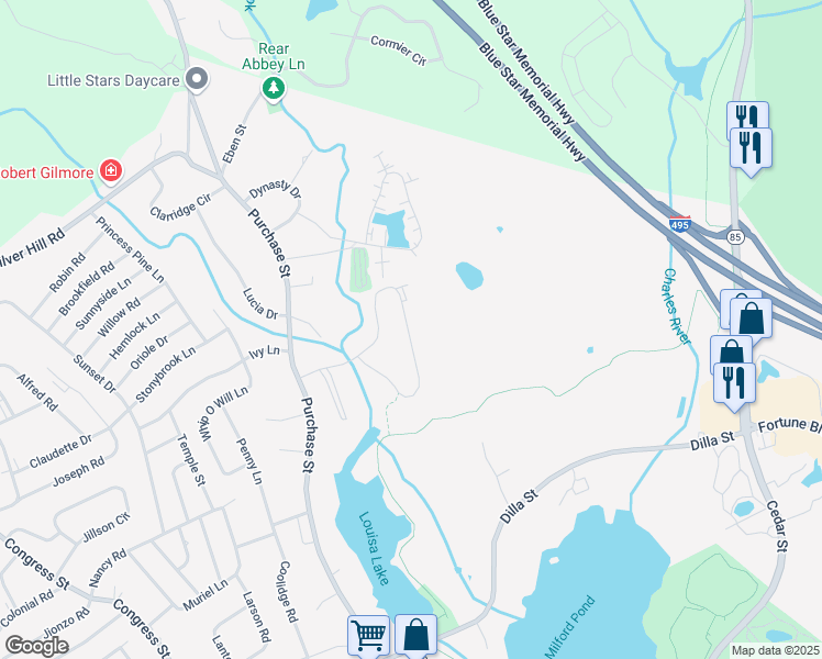 map of restaurants, bars, coffee shops, grocery stores, and more near 17 Shadowbrook Lane in Milford