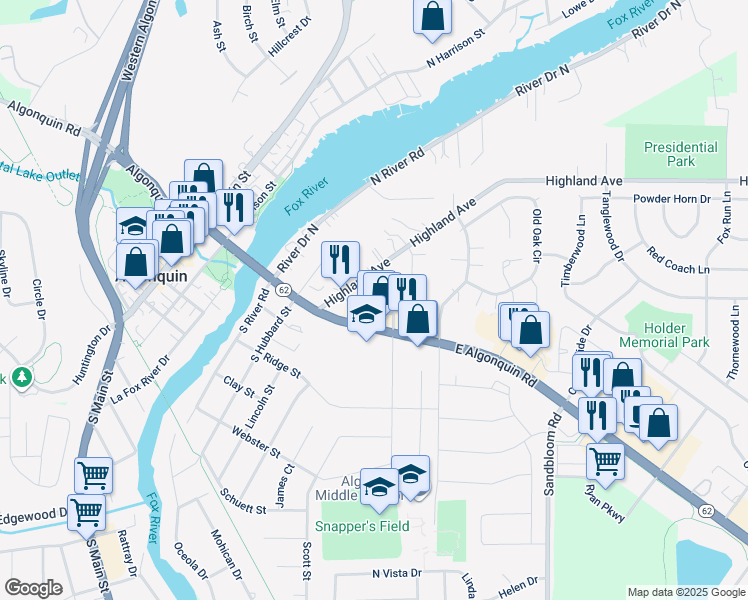 map of restaurants, bars, coffee shops, grocery stores, and more near 101 Eastgate Drive in Algonquin
