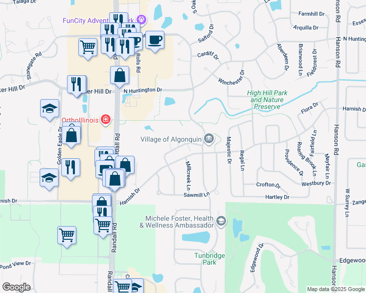 map of restaurants, bars, coffee shops, grocery stores, and more near 2235 Dawson Lane in Algonquin