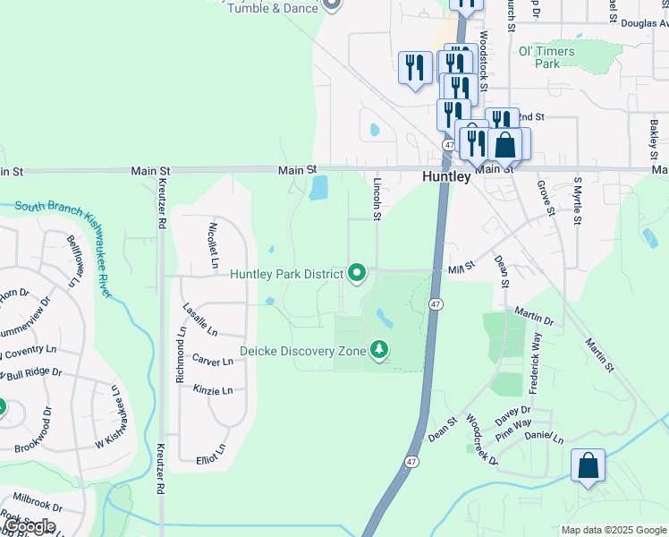 map of restaurants, bars, coffee shops, grocery stores, and more near 12201 Main Street in Huntley