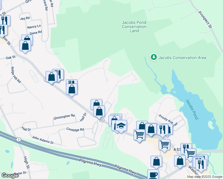 map of restaurants, bars, coffee shops, grocery stores, and more near 59 Brantwood Road in Norwell