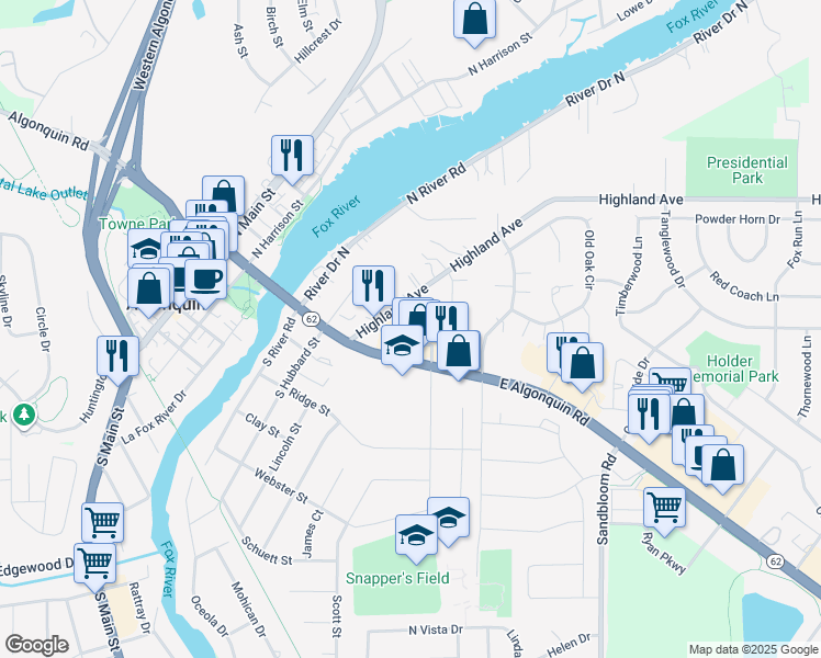map of restaurants, bars, coffee shops, grocery stores, and more near 101 Eastgate Drive in Algonquin