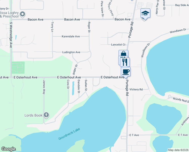 map of restaurants, bars, coffee shops, grocery stores, and more near 1289 East Osterhout Avenue in Portage