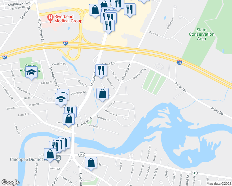 map of restaurants, bars, coffee shops, grocery stores, and more near 203 Sheridan St in Chicopee