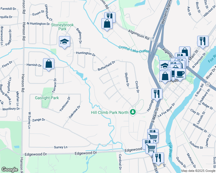 map of restaurants, bars, coffee shops, grocery stores, and more near 720 Mulberry Court in Algonquin