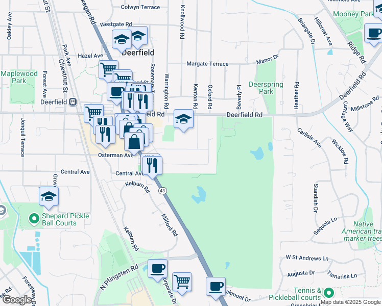 map of restaurants, bars, coffee shops, grocery stores, and more near 457 Longfellow Avenue in Deerfield