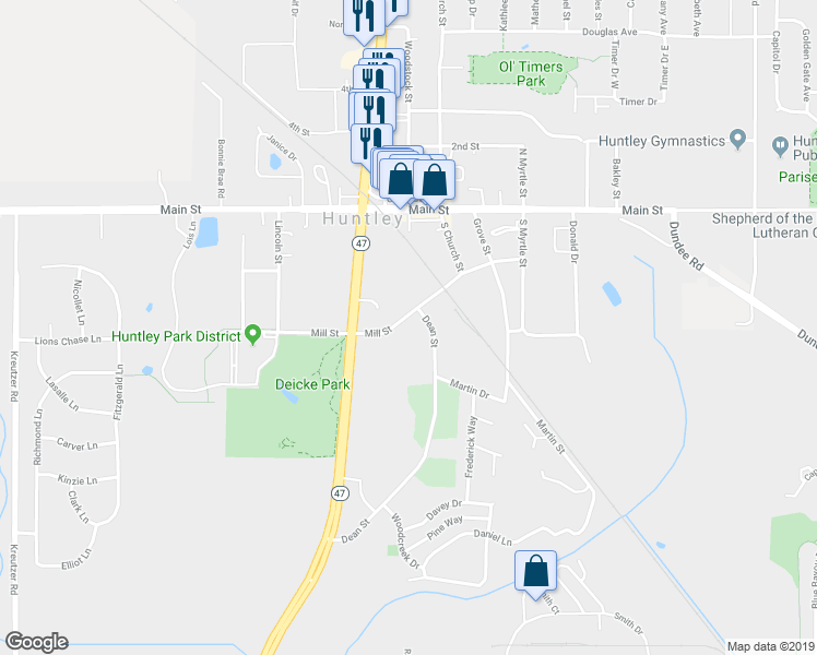 map of restaurants, bars, coffee shops, grocery stores, and more near 11805 Mill Street in Huntley