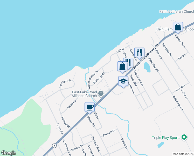 map of restaurants, bars, coffee shops, grocery stores, and more near 4554 N Woods Dr in Erie