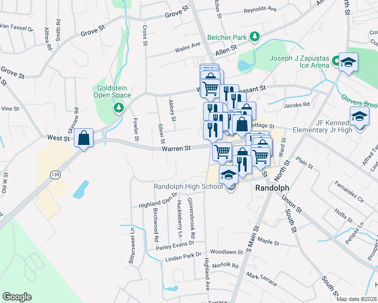 map of restaurants, bars, coffee shops, grocery stores, and more near 124 Warren Street in Randolph