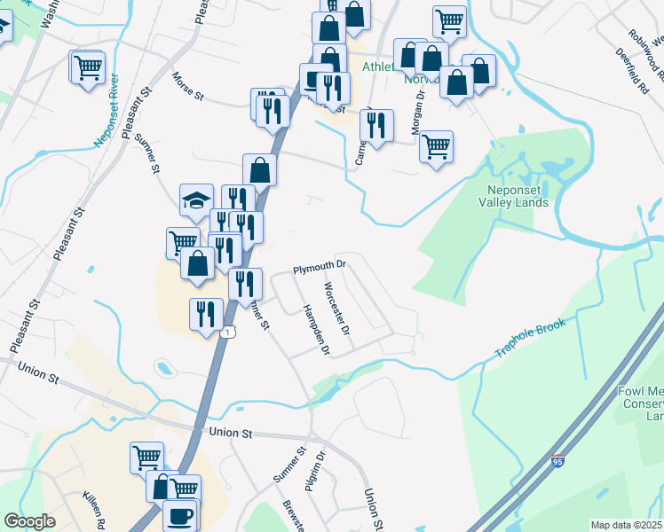 map of restaurants, bars, coffee shops, grocery stores, and more near 48 Plymouth Drive in Norwood