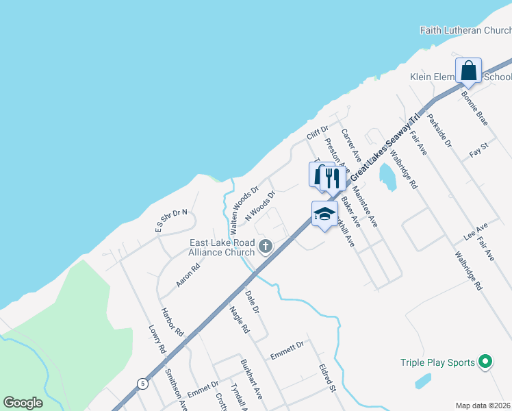 map of restaurants, bars, coffee shops, grocery stores, and more near 4554 N Woods Dr in Erie