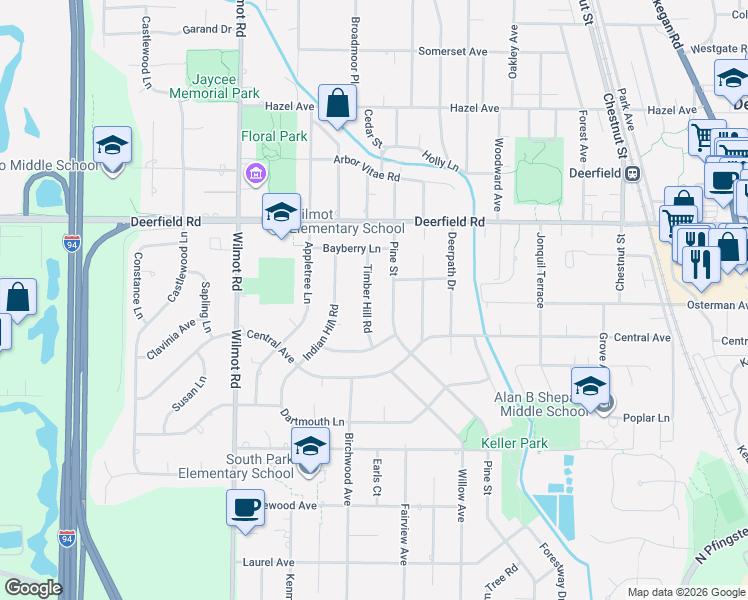 map of restaurants, bars, coffee shops, grocery stores, and more near 676 Pine Street in Deerfield