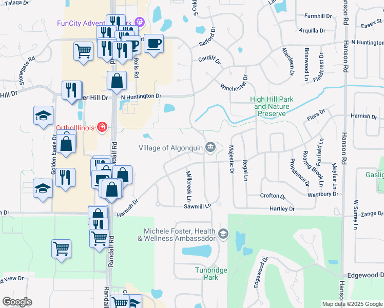 map of restaurants, bars, coffee shops, grocery stores, and more near 2235 Dawson Lane in Algonquin